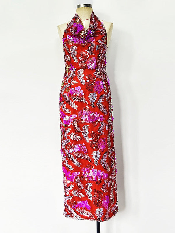 Patchwork Sequins Sleeveless Long Dress