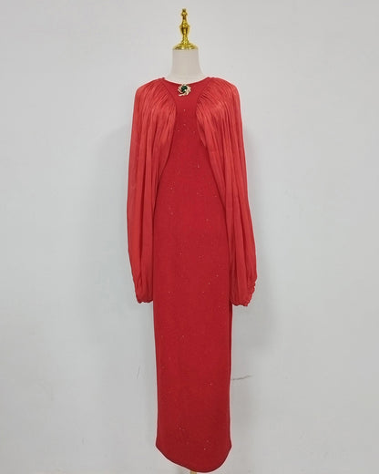 Red Sparkly Sheer Chiffon Lantern Sleeves Midi Dress