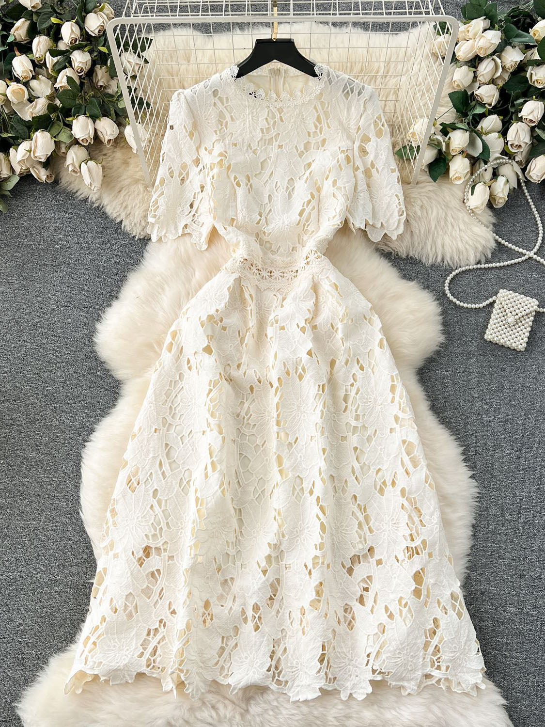 Elegant Solid Hollow Out Midi Dress