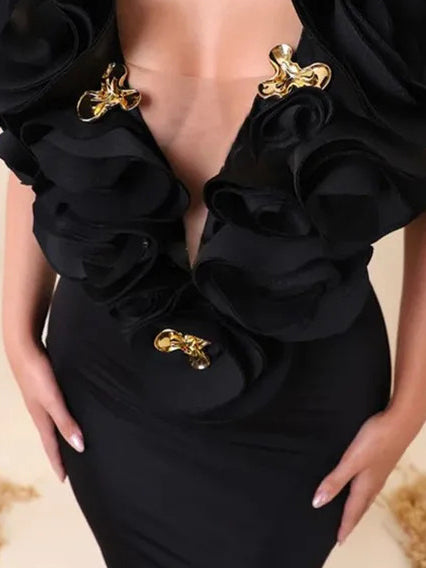 Solid Patchwork V-neck Mesh Long Dress