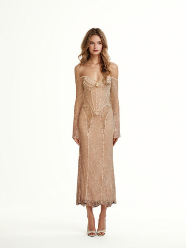 Solid Elegant Patchwork Pearls Midi Dress