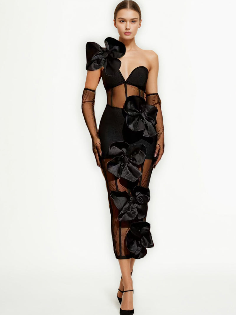 Off Shoulder Mesh Patchwork Backless Midi Dress