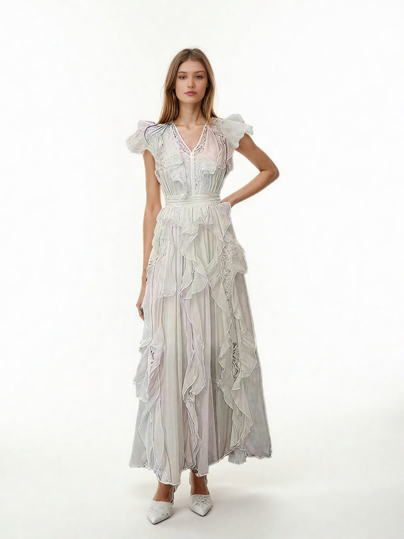 Elegant Patchwork Ruffles V-neck Mesh Midi Dress