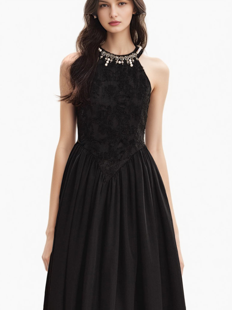 Temperament Solid Patchwork Pearls Midi Dress