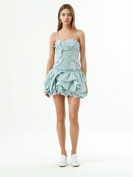 Pleated Patchwork Flower Short Dress