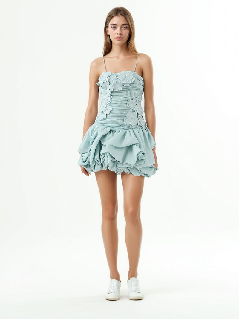 Pleated Patchwork Flower Short Dress