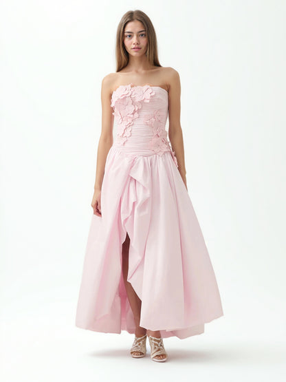 Pleated Patchwork Flower Long Dress