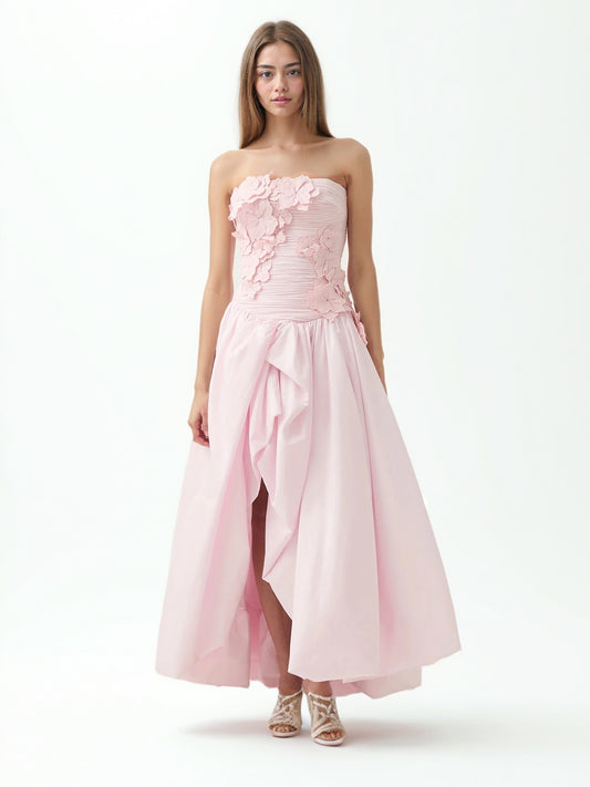 Pleated Patchwork Flower Long Dress