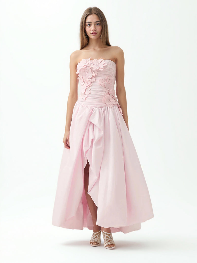 Pleated Patchwork Flower Long Dress