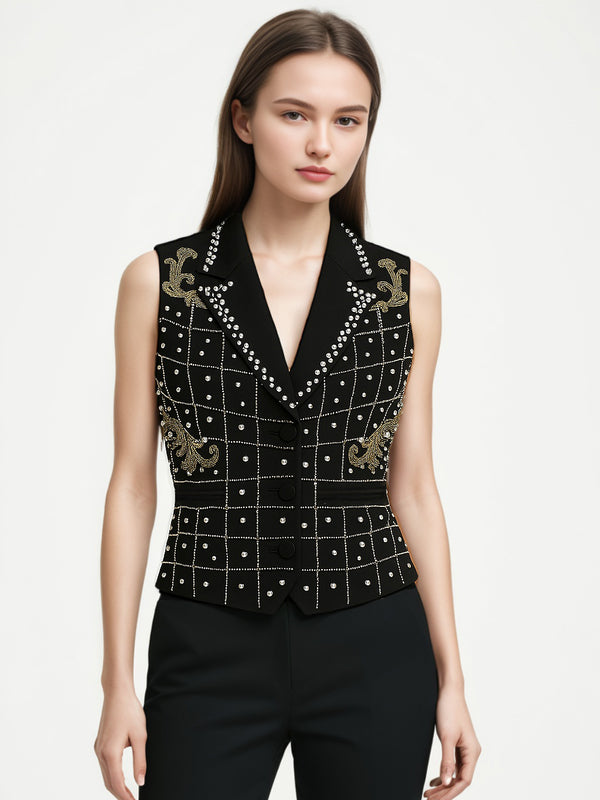 Solid Patchwork Pearls V-neck Vest