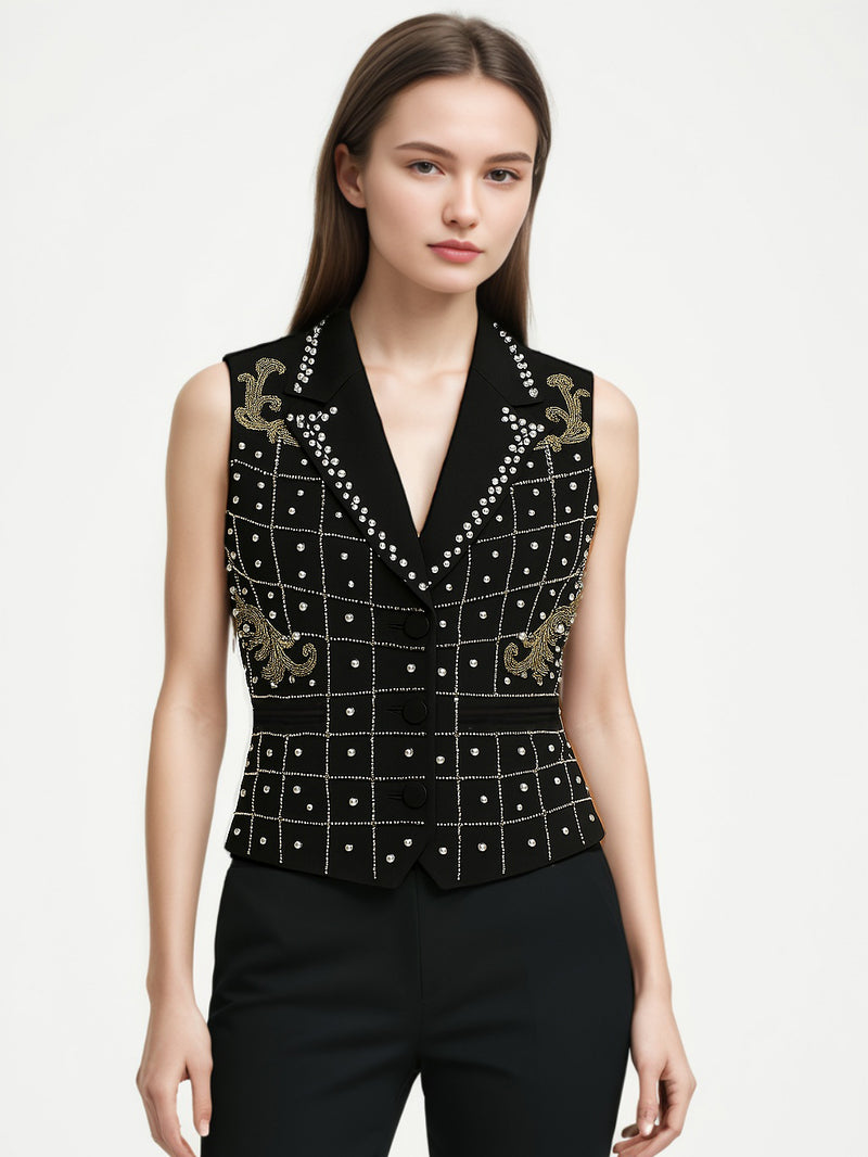 Solid Patchwork Pearls V-neck Vest