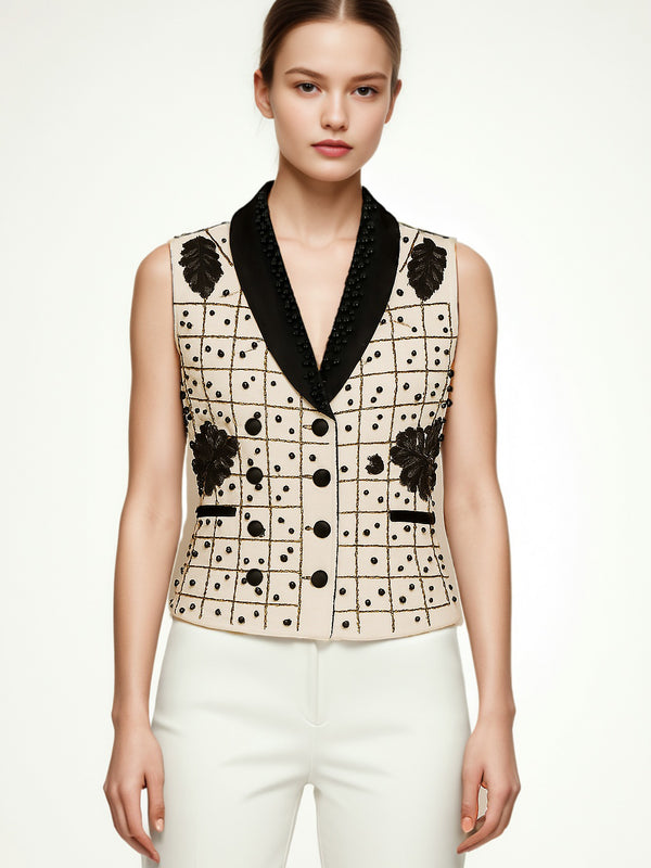 Hit Color Patchwork Pearls Vest