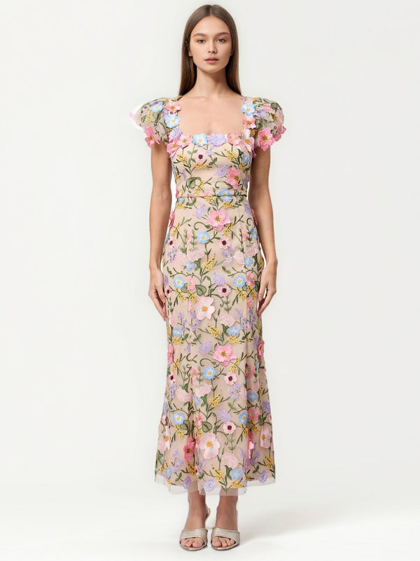 Square Collar Patchwork Flower Long Dress