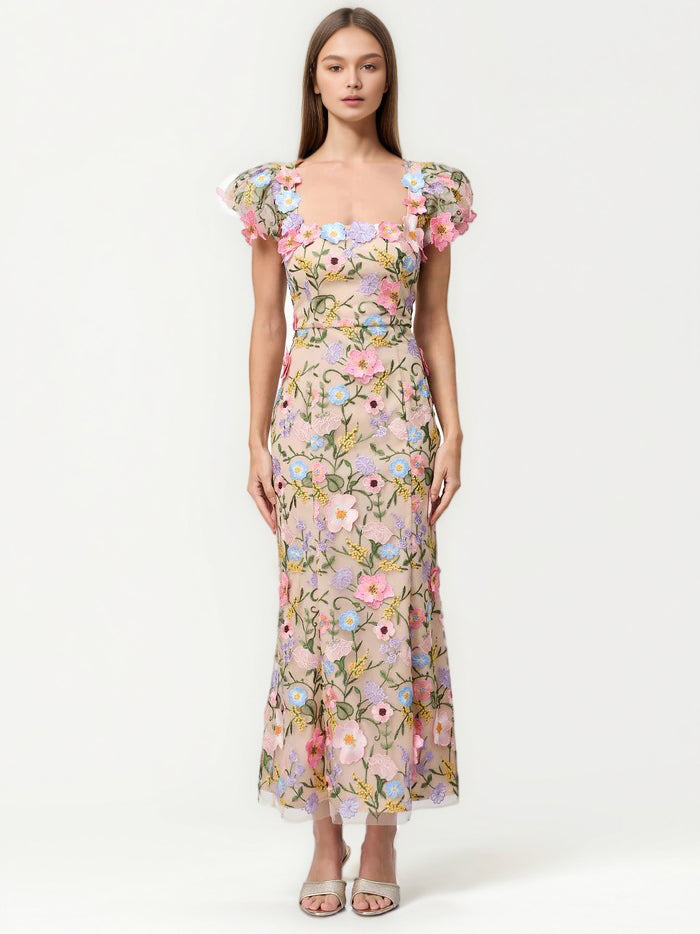 Square Collar Patchwork Flower Long Dress