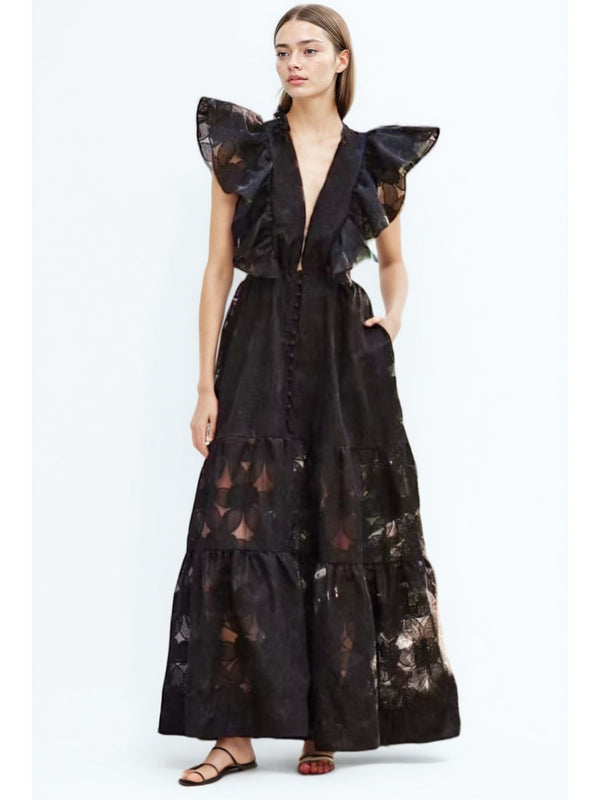 Pleated Mesh Solid Elegant Long Dress