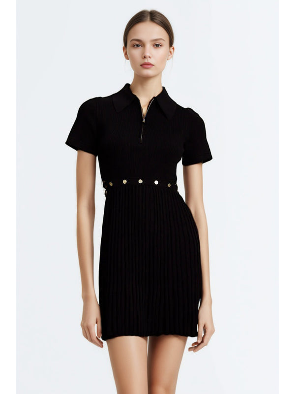 Pleated Solid Lapel Short Dress