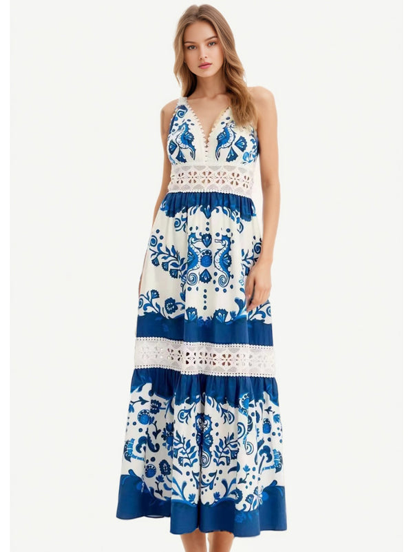 Elegant Patchwork V-neck Long Dress