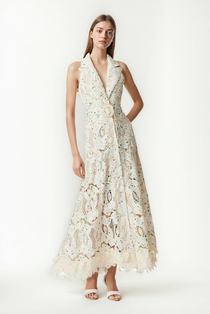 Lapel Ruffles Solid Long Dress