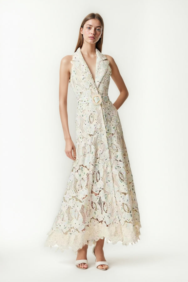 Lapel Ruffles Solid Long Dress