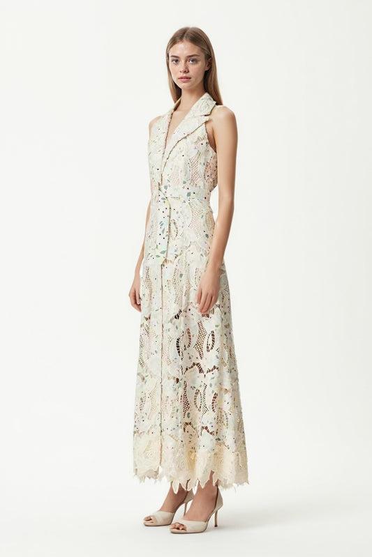 Lapel Ruffles Solid Long Dress