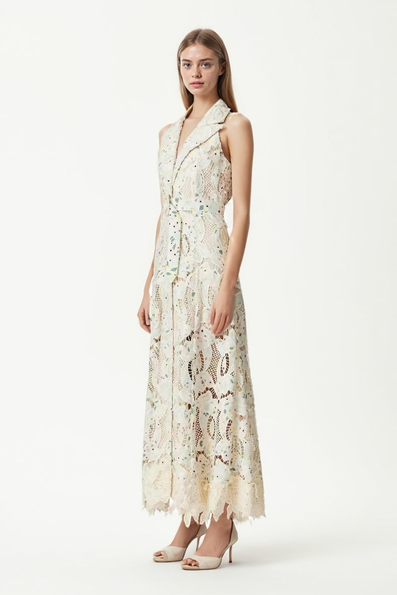 Lapel Ruffles Solid Long Dress