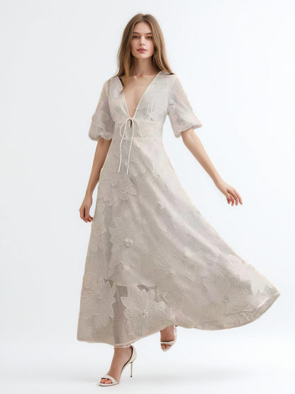 Mesh Patchwork Flower V-neck Long Dress