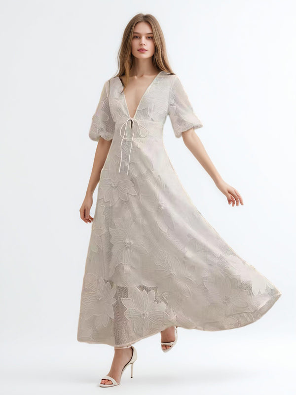 Mesh Patchwork Flower V-neck Long Dress
