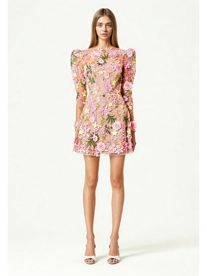 Mesh Patchwork Flower Short Dress