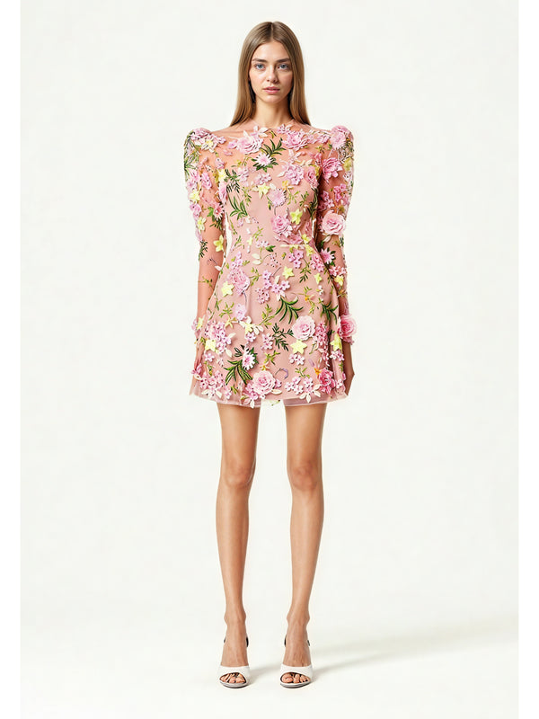Mesh Patchwork Flower Short Dress