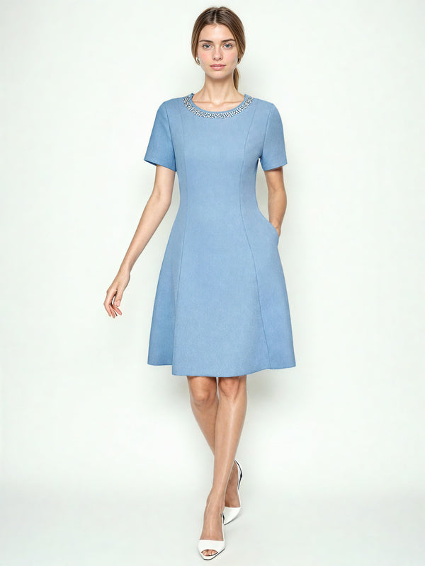 Elegant Solid Round Neck Short Dress