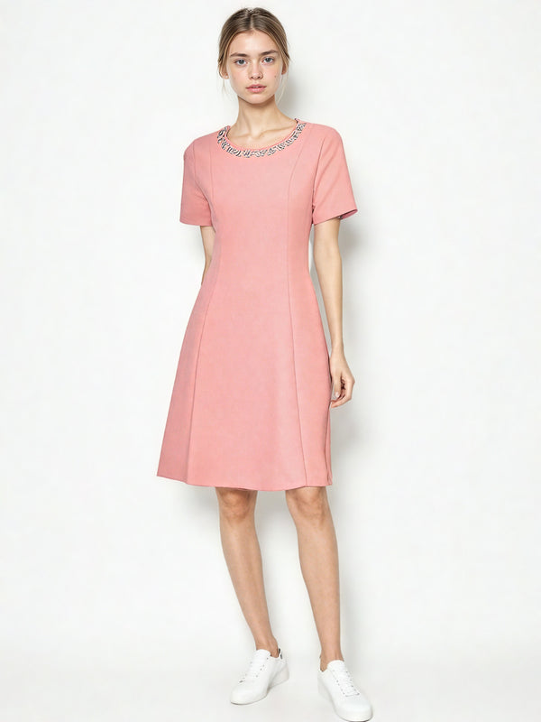 Elegant Solid Round Neck Short Dress