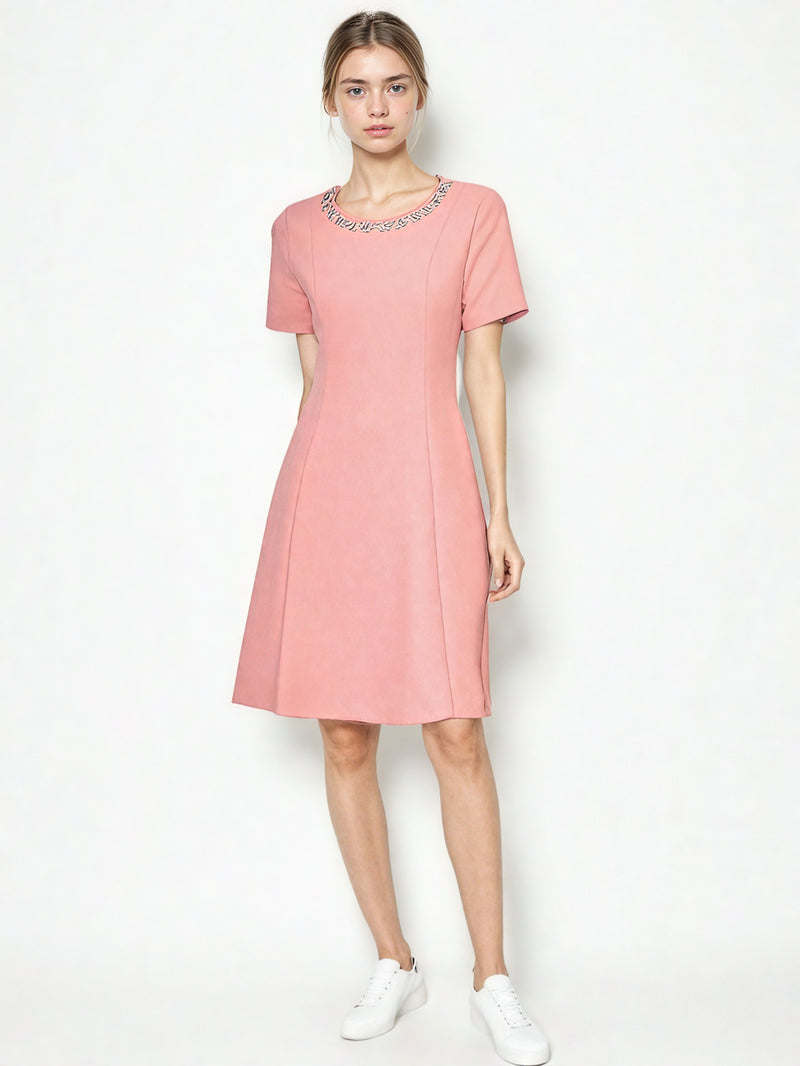 Elegant Solid Round Neck Short Dress