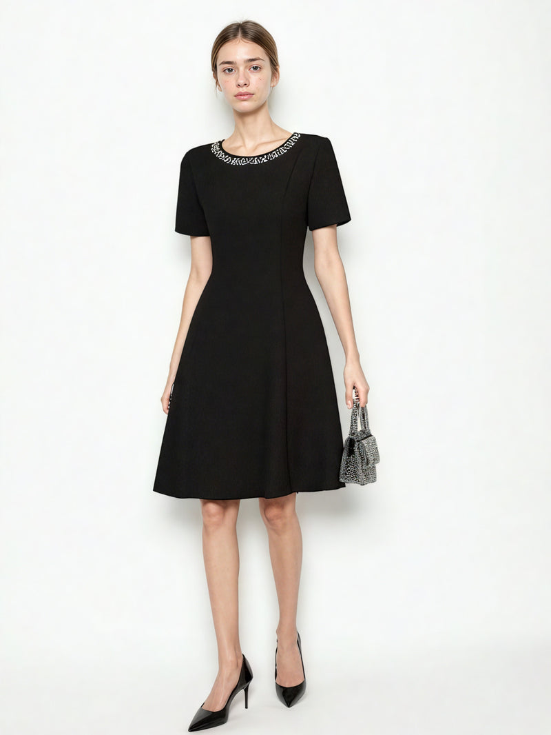 Elegant Solid Round Neck Short Dress