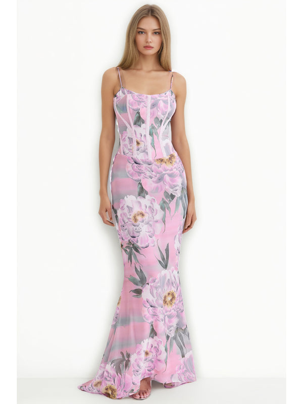 Print Flower Off Shoulder Long Dress