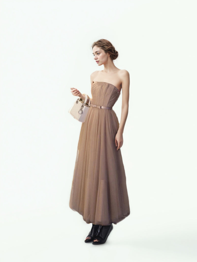 Mesh Pleated Off Shoulder Long Dress