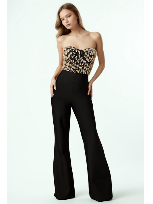 Patchwork Pearls Off Shoulder Jumpsuits