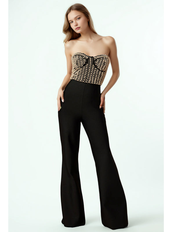 Patchwork Pearls Off Shoulder Jumpsuits