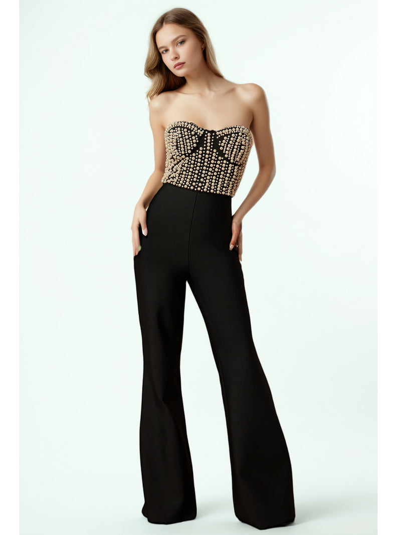 Patchwork Pearls Off Shoulder Jumpsuits