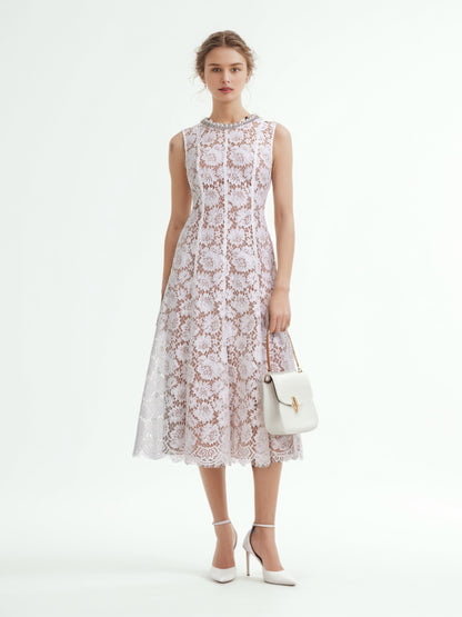 Flower Lace Patchwork Pearls Long Dress