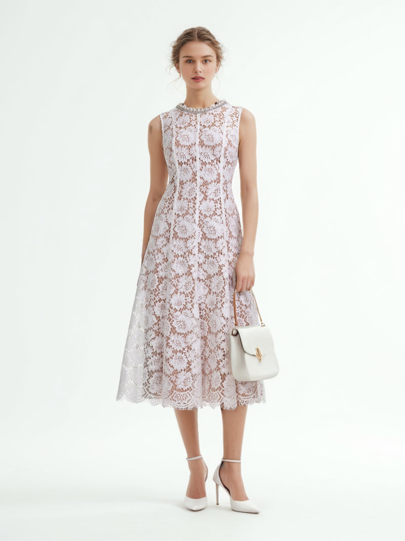 Flower Lace Patchwork Pearls Long Dress