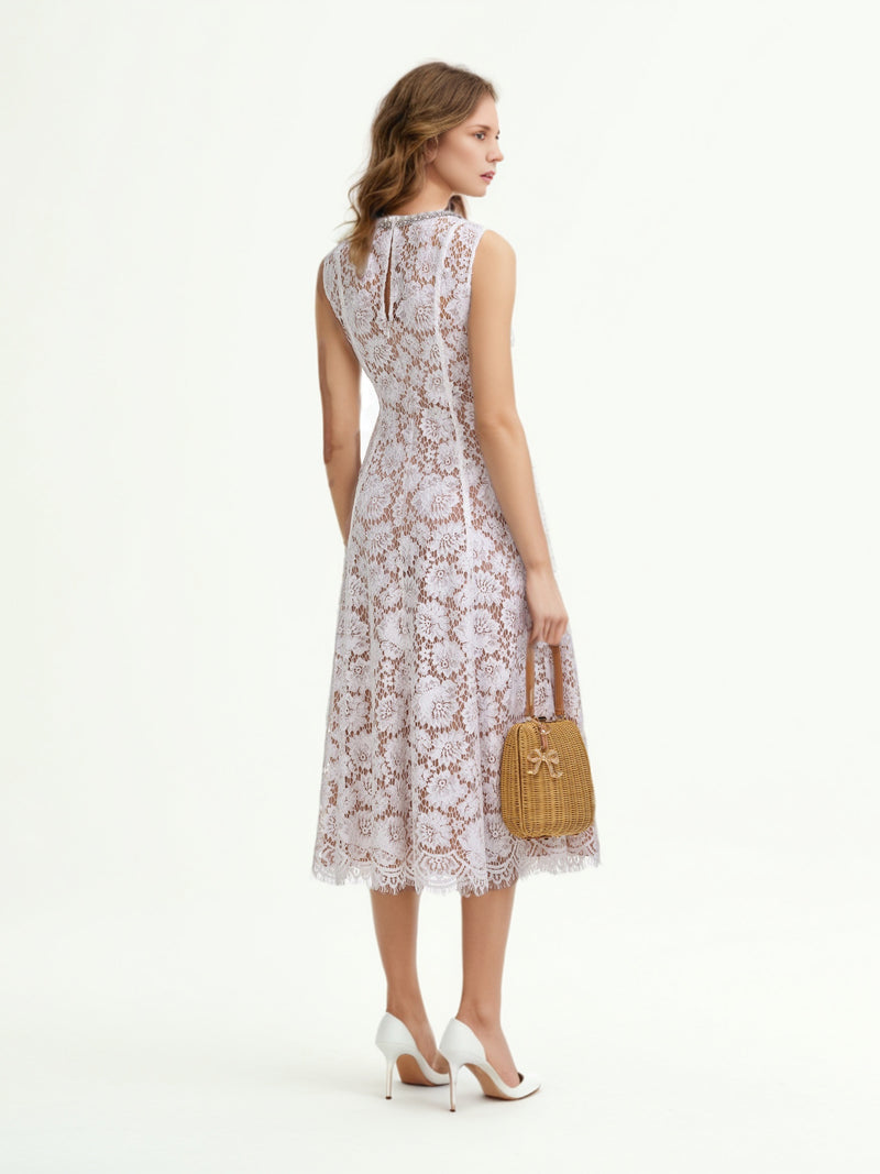Flower Lace Patchwork Pearls Long Dress