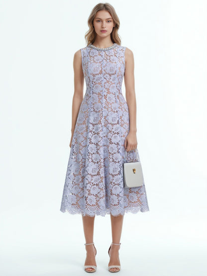 Flower Lace Patchwork Pearls Long Dress