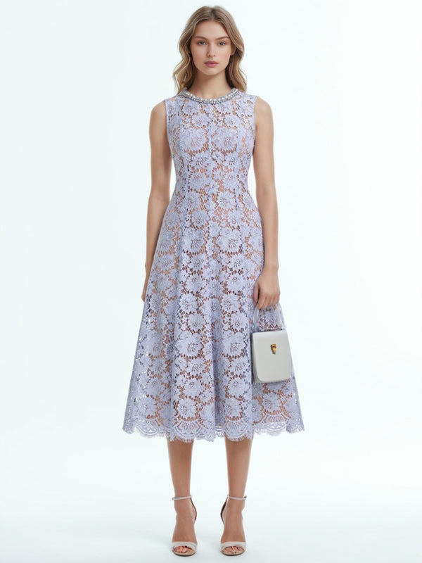Flower Lace Patchwork Pearls Long Dress