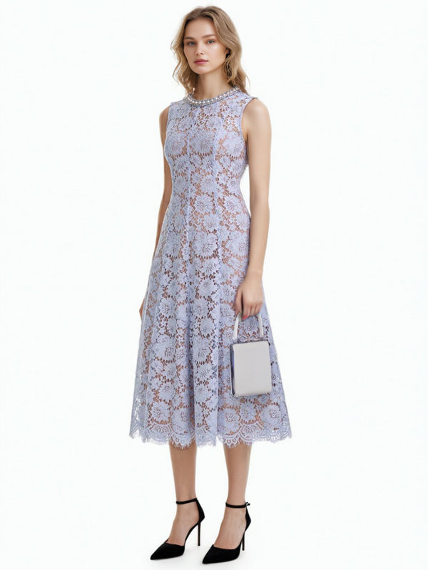 Flower Lace Patchwork Pearls Long Dress