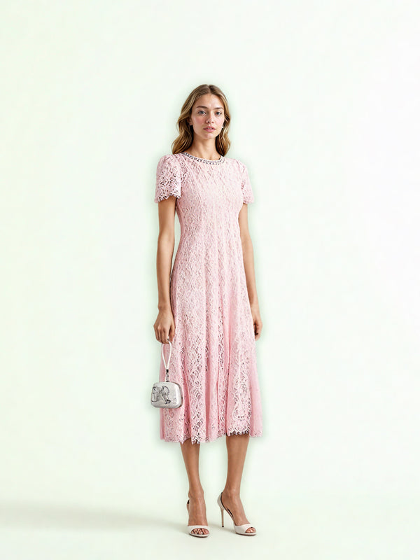 Flower Lace Patchwork Pearls Long Dress