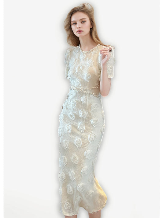 Patchwork Pearls Solid Long Dress