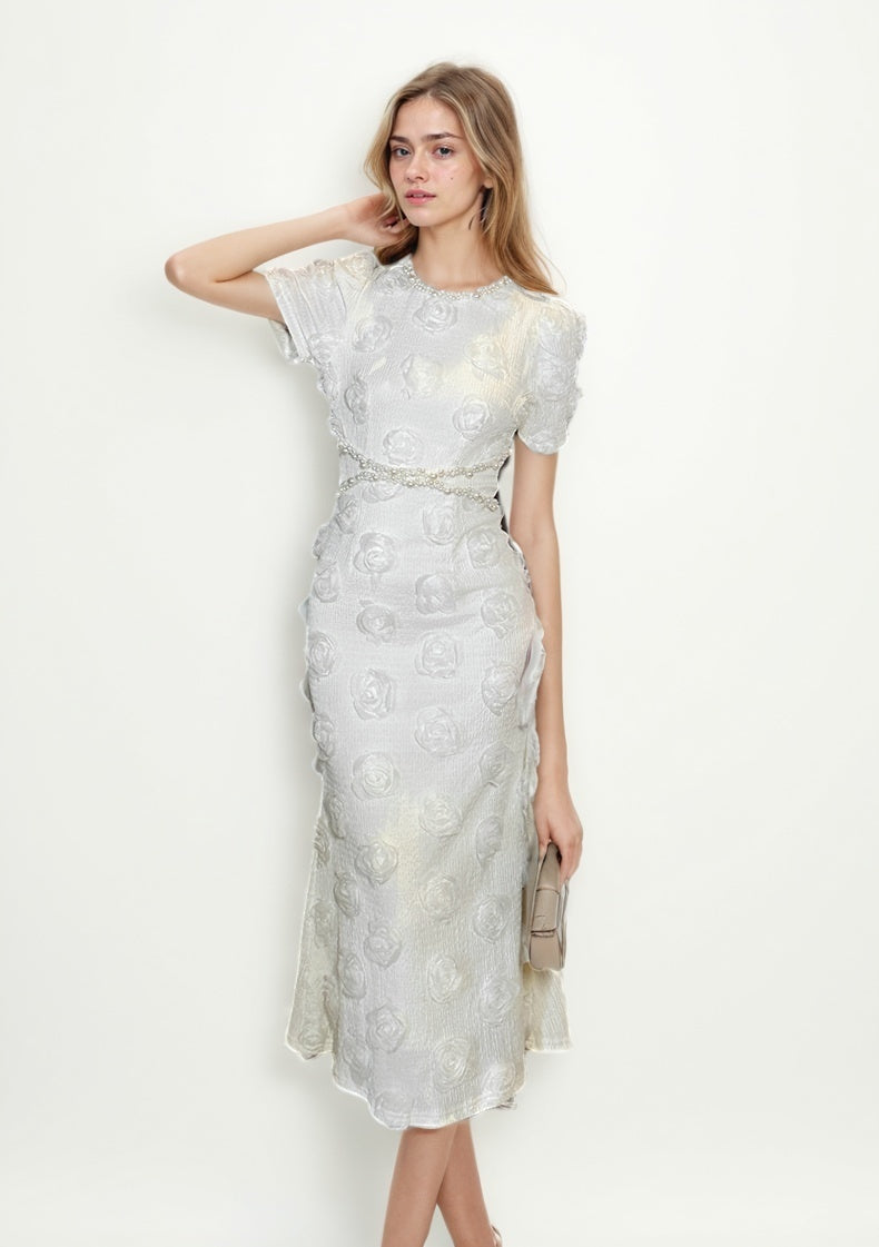 Patchwork Pearls Solid Long Dress