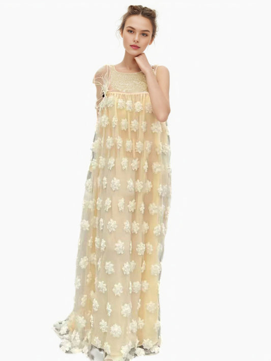 Mesh Patchwork Flower Long Dress