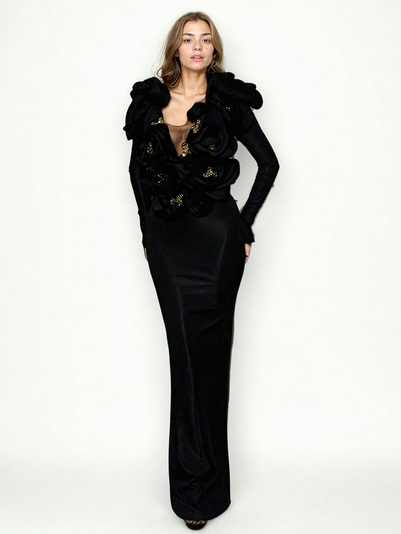 Solid Patchwork V-neck Mesh Long Dress