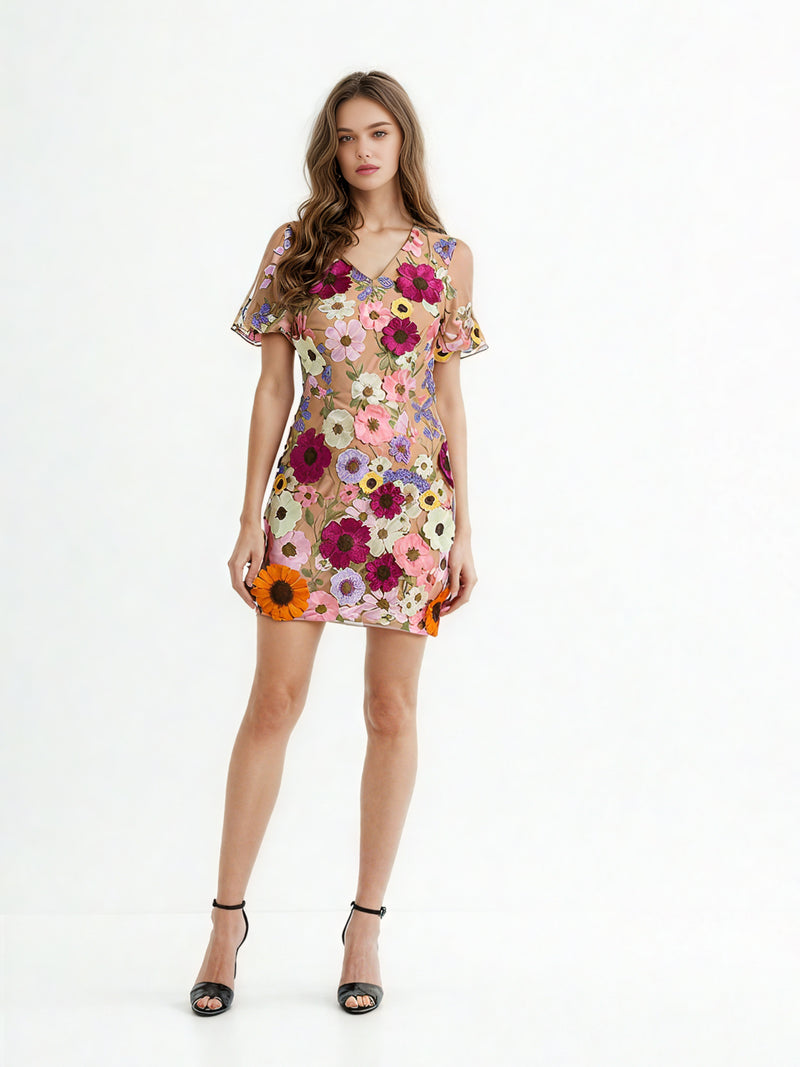 Patchwork Flower Mesh Short Dress